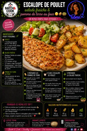 Escalope de poulet, salade fraîche & pomme de terre au four