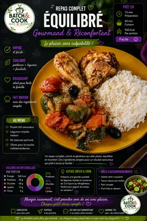 Poulet rôti savoureux, légumes mijotés et riz basmati parfumé