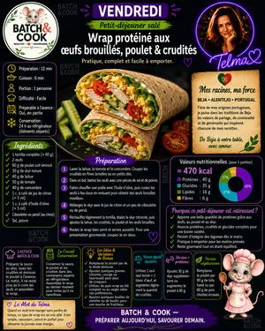 Wrap protéiné aux œufs brouillés, poulet & crudités