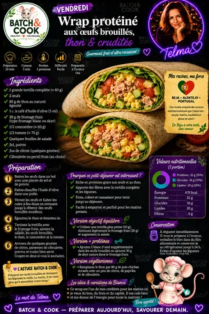 Wrap protéiné aux œufs brouillés, thon & crudités