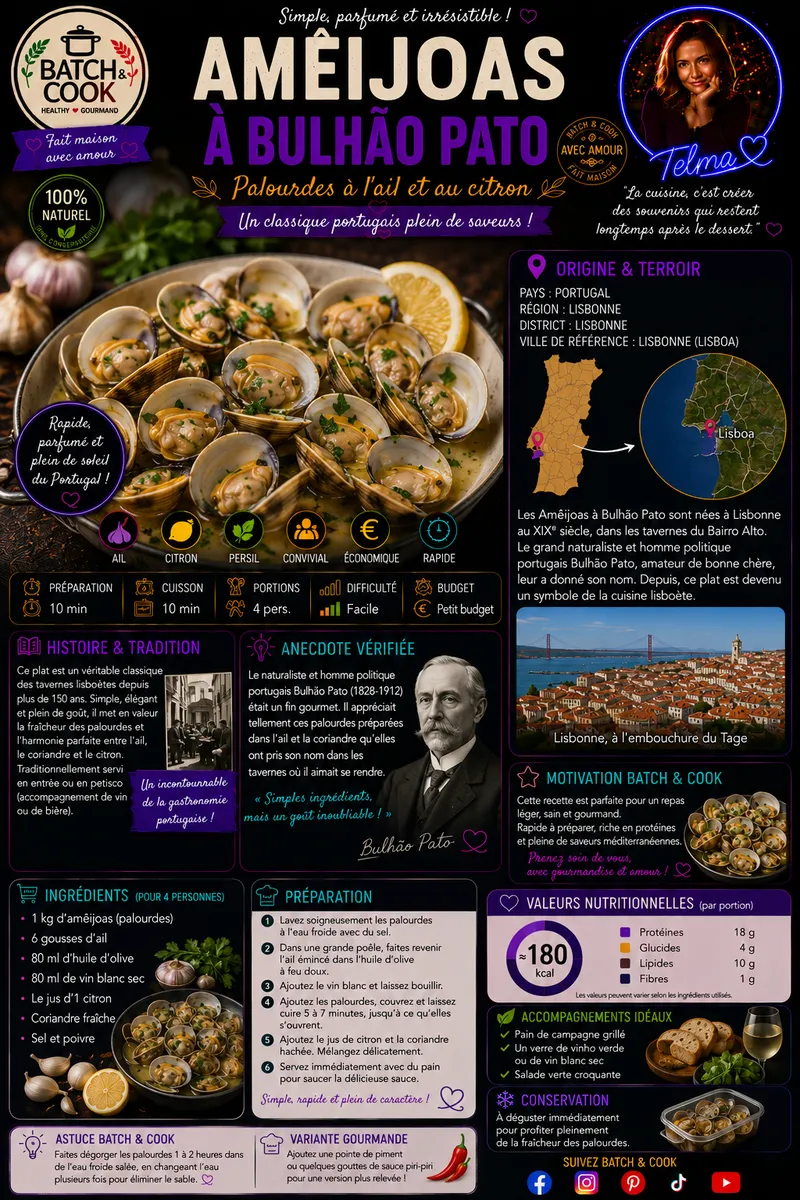 Fiche recette Améjoas à Bulhão Pato - Palourdes à l'ail et au citron par Telma