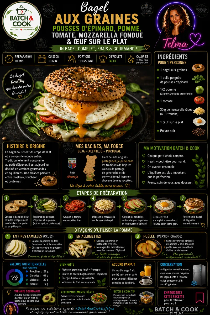 Fiche recette Bagel aux graines, pousses d'épinard, tomate, mozzarella fondue & œuf sur le plat par Telma
