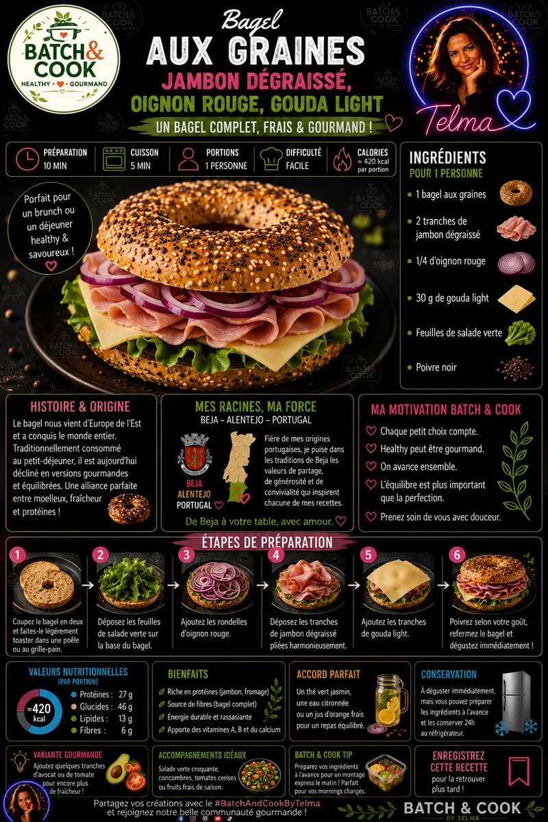 Fiche recette Bagel aux graines, jambon dégraissé, oignon rouge, gouda light par Telma