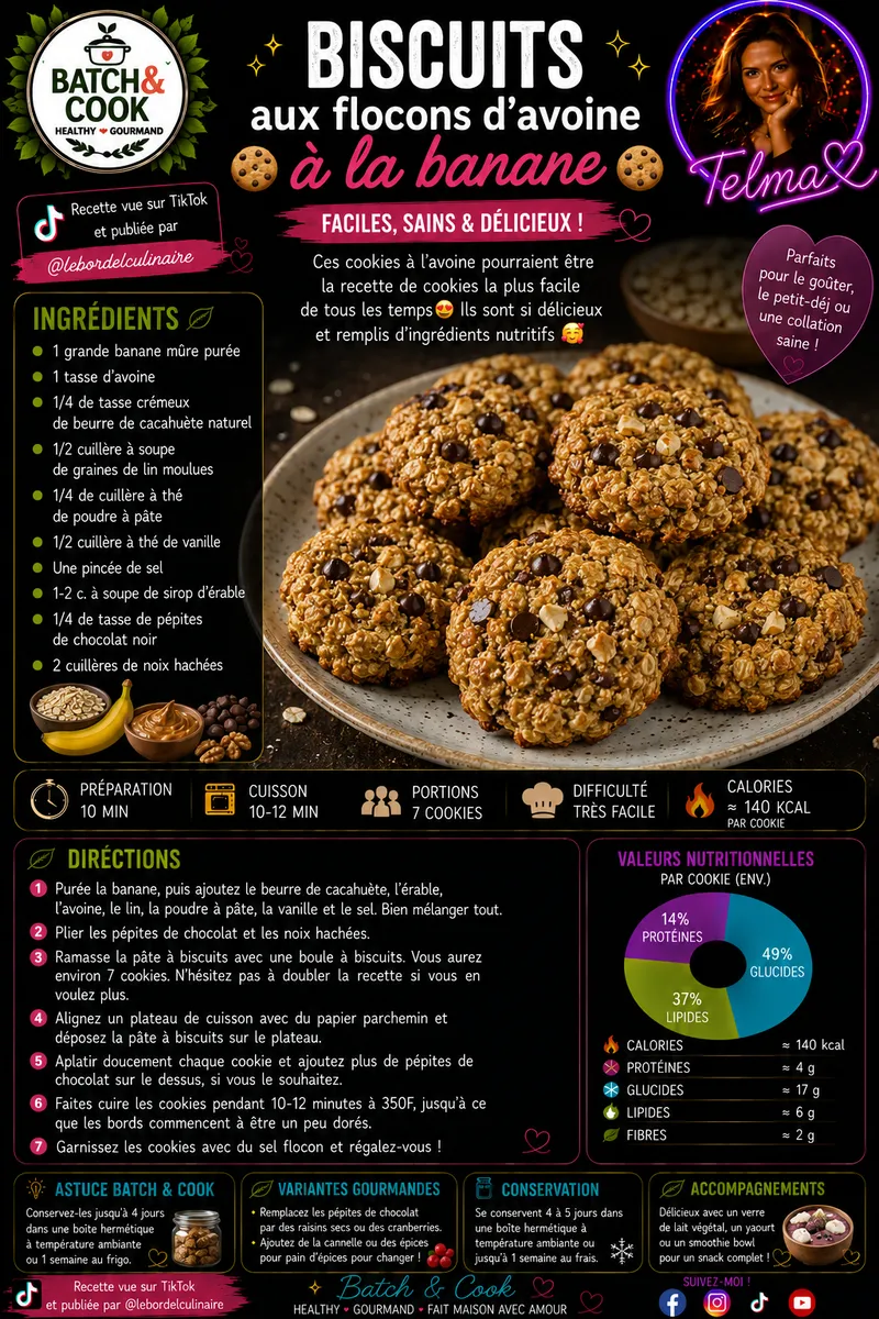 Fiche recette Biscuits aux flocons d'avoine à la banane par Telma
