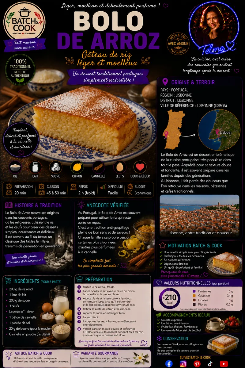 Fiche recette Bolo de Arroz - Gâteau de Riz Léger et Moelleux par Telma