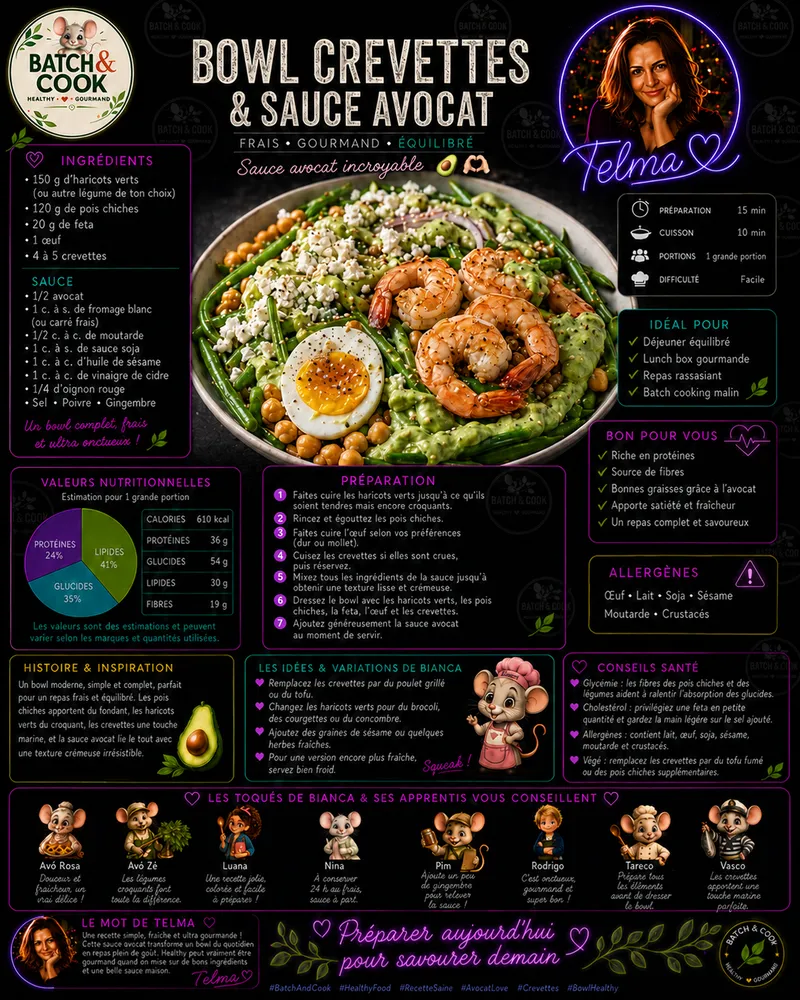 Fiche recette Bowl crevettes & sauce avocat par Telma