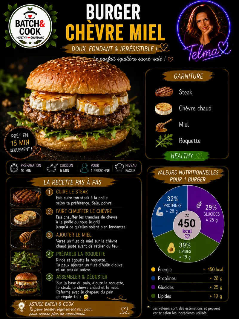 Fiche recette Burger Chèvre Miel par Telma