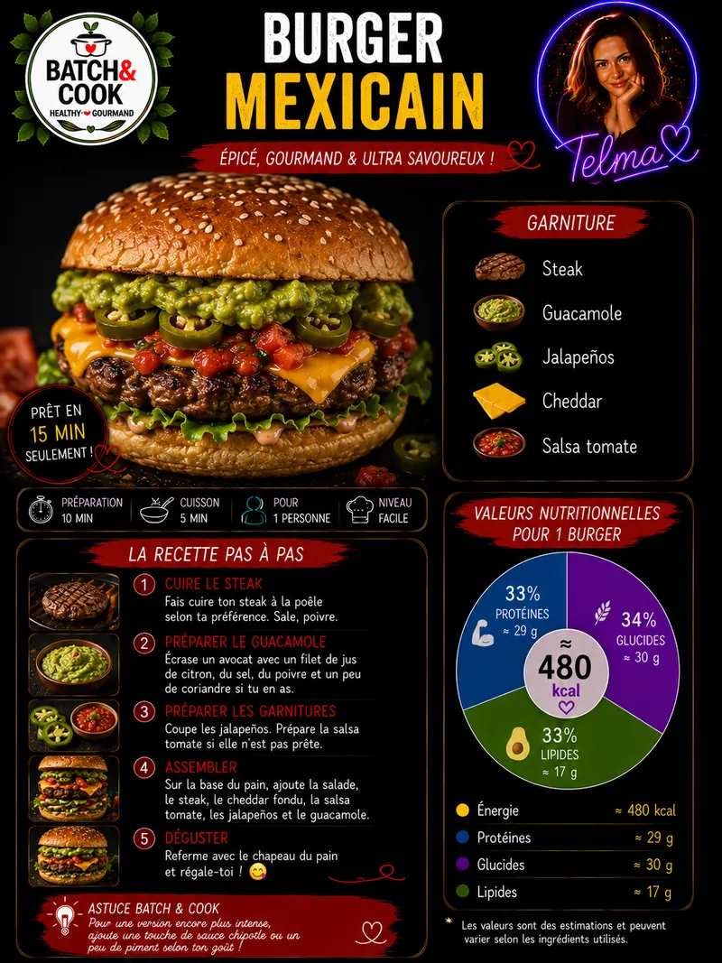 Fiche recette Burger mexicain épicé, gourmand & ultra savoureux par Telma