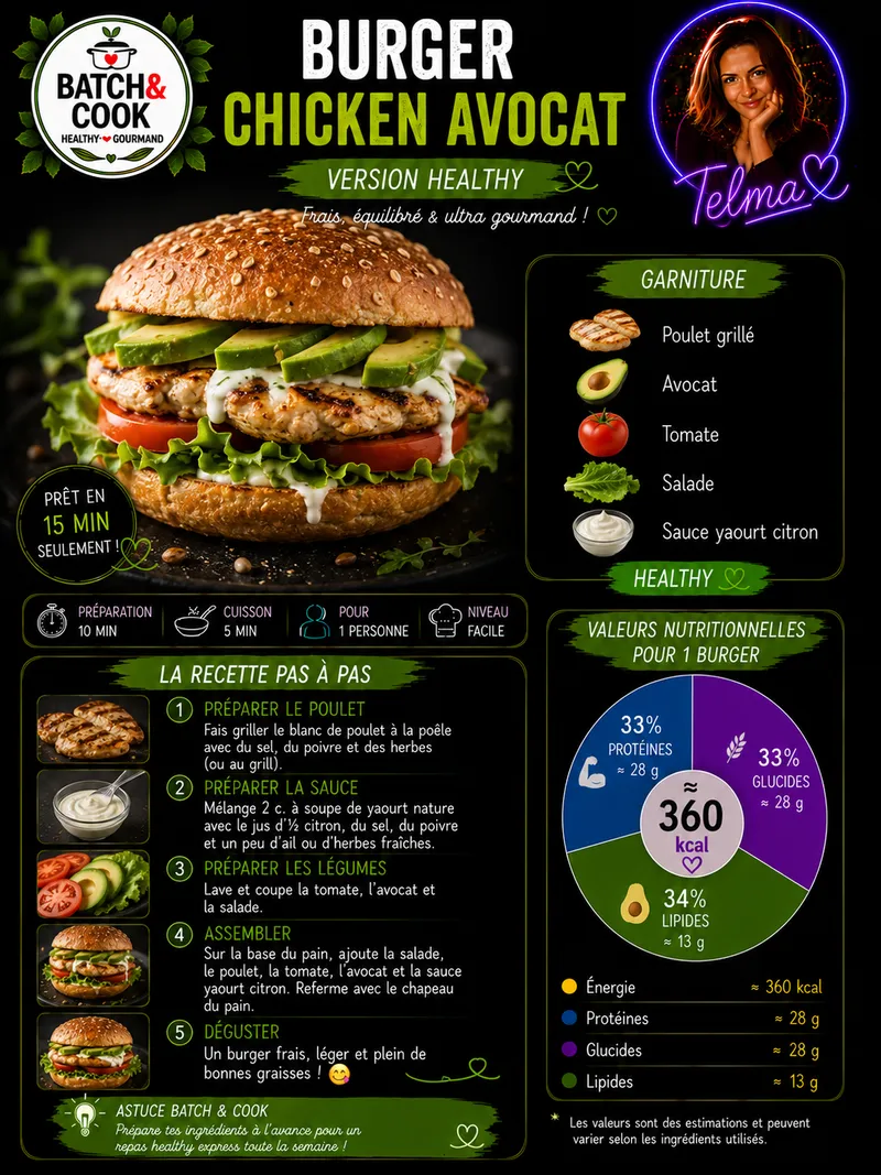 Fiche recette Burger Poulet Avocat Healthy par Telma