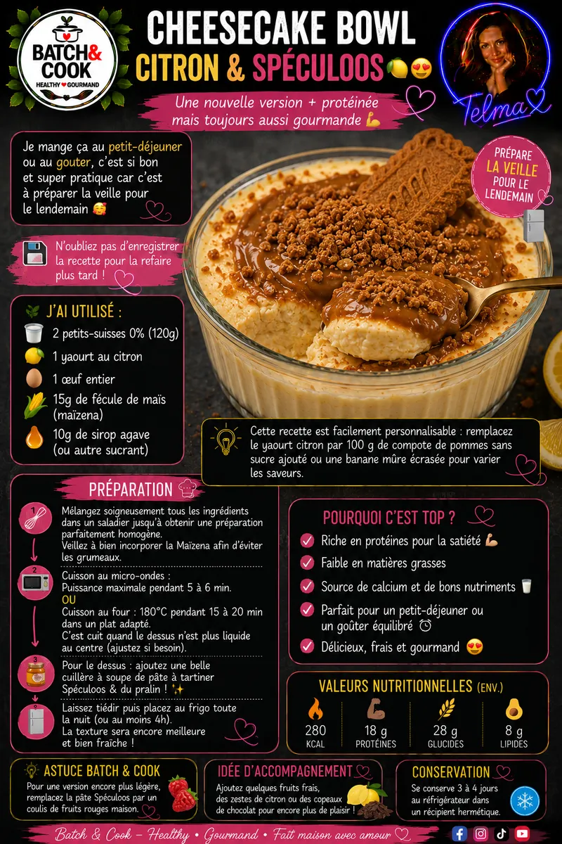 Fiche recette Cheesecake Bowl Citron & Spéculoos par Telma