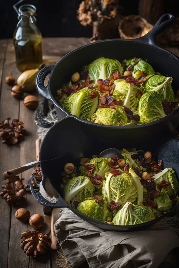 Chou vert braisé aux châtaignes et aux lardons