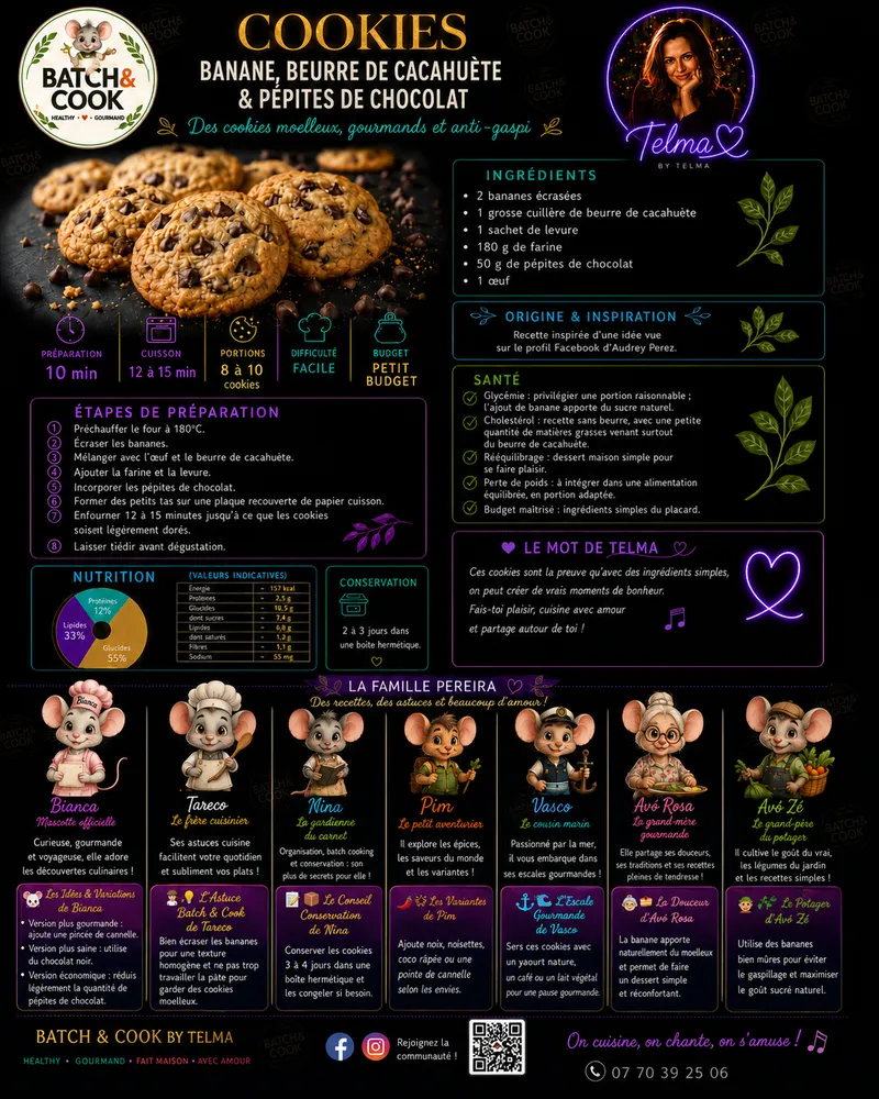 Fiche recette Cookies banane, beurre de cacahuète & pépites de chocolat par Telma