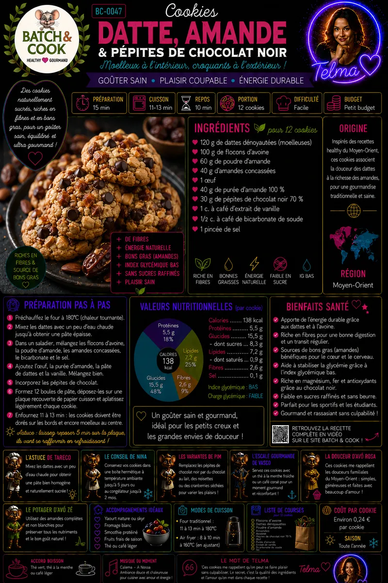 Fiche recette Cookies dattes, amande & pépites de chocolat noir par Telma