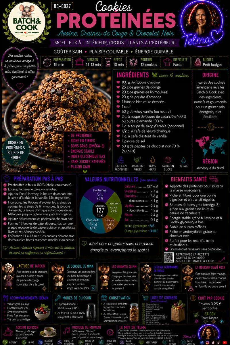 Fiche recette Cookies protéinées - Avoine, Graines de Courge & Chocolat Noir par Telma
