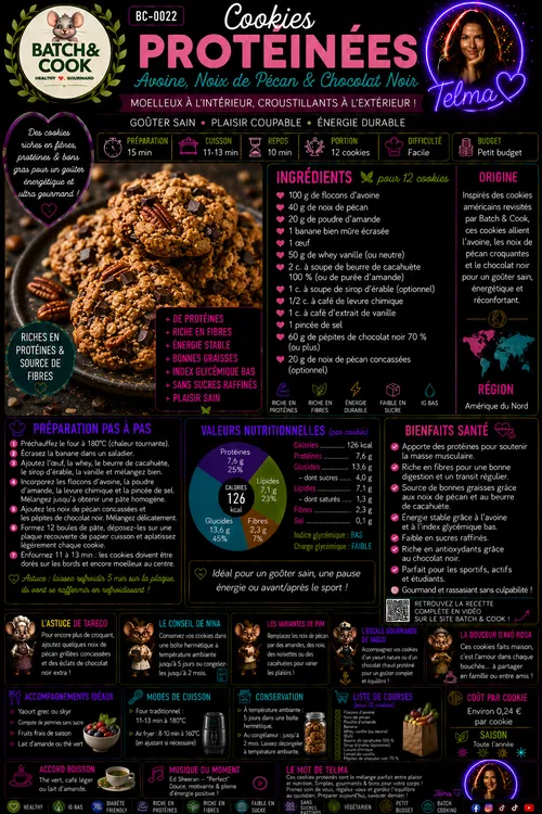 Cookies protéinées avoine, noix de pécan & chocolat noir