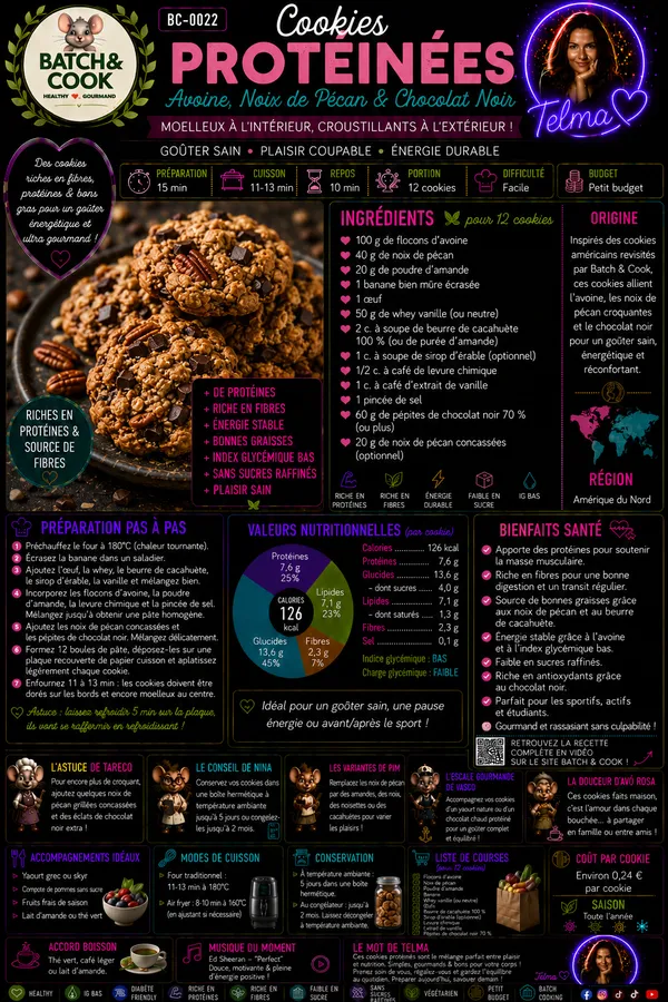 Cookies protéinées avoine, noix de pécan & chocolat noir