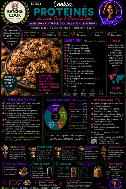 Cookies protéinés amande, coco & chocolat noir