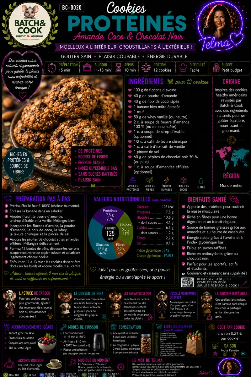 Fiche recette Cookies protéinés amande, coco & chocolat noir par Telma