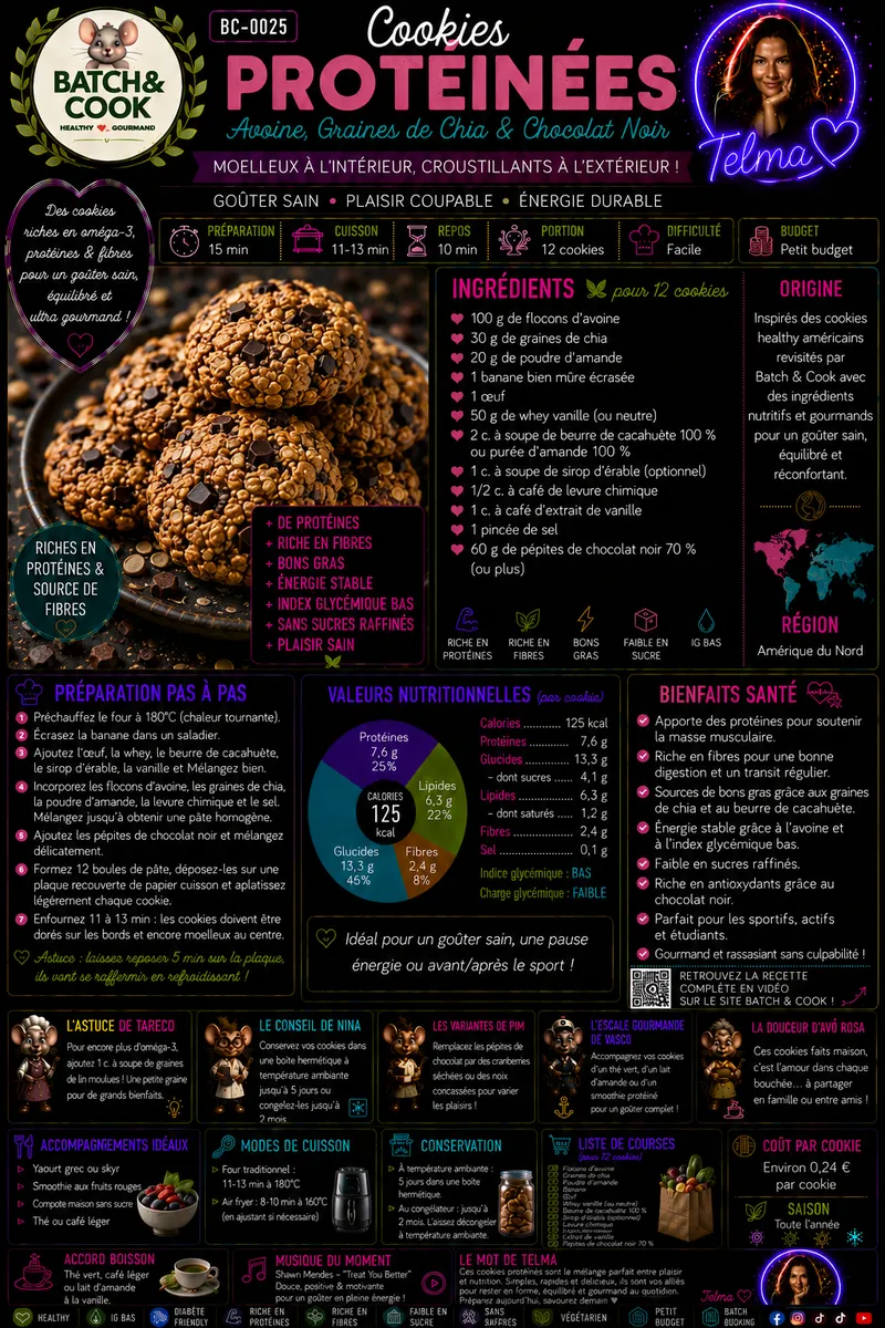Fiche recette Cookies protéinés avoine, graines de chia & chocolat noir par Telma