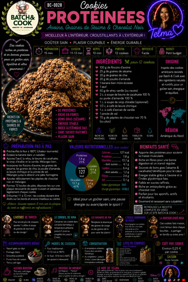 Fiche recette Cookies protéinés avoine, graines de sésame & chocolat noir par Telma