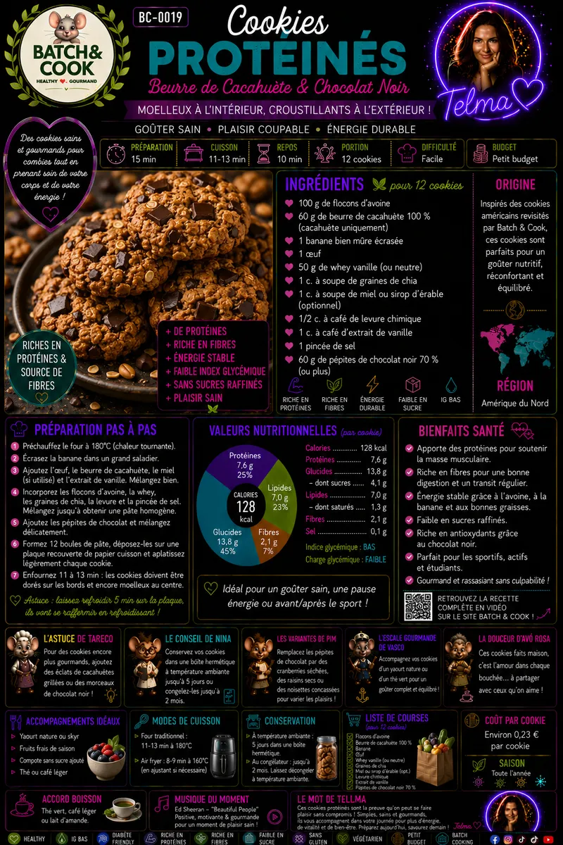 Fiche recette Cookies protéinés au beurre de cacahuète et chocolat noir par Telma