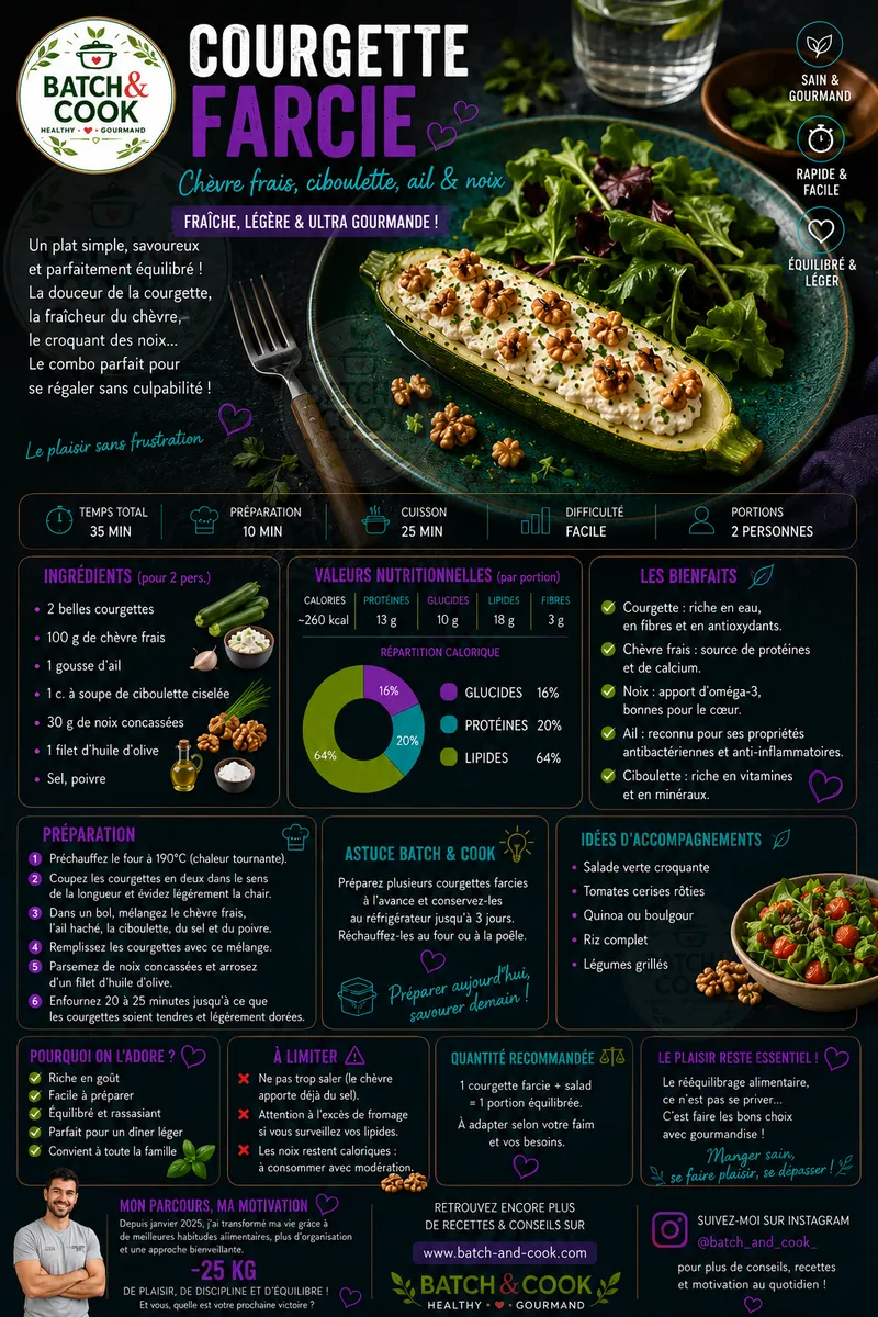 Fiche recette Courgette Farcie Chèvre Frais, Ciboulette, Ail & Noix par Telma