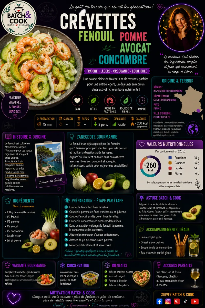 Fiche recette Crevettes, Fenouil, Pomme, Avocat, Concombre par Telma