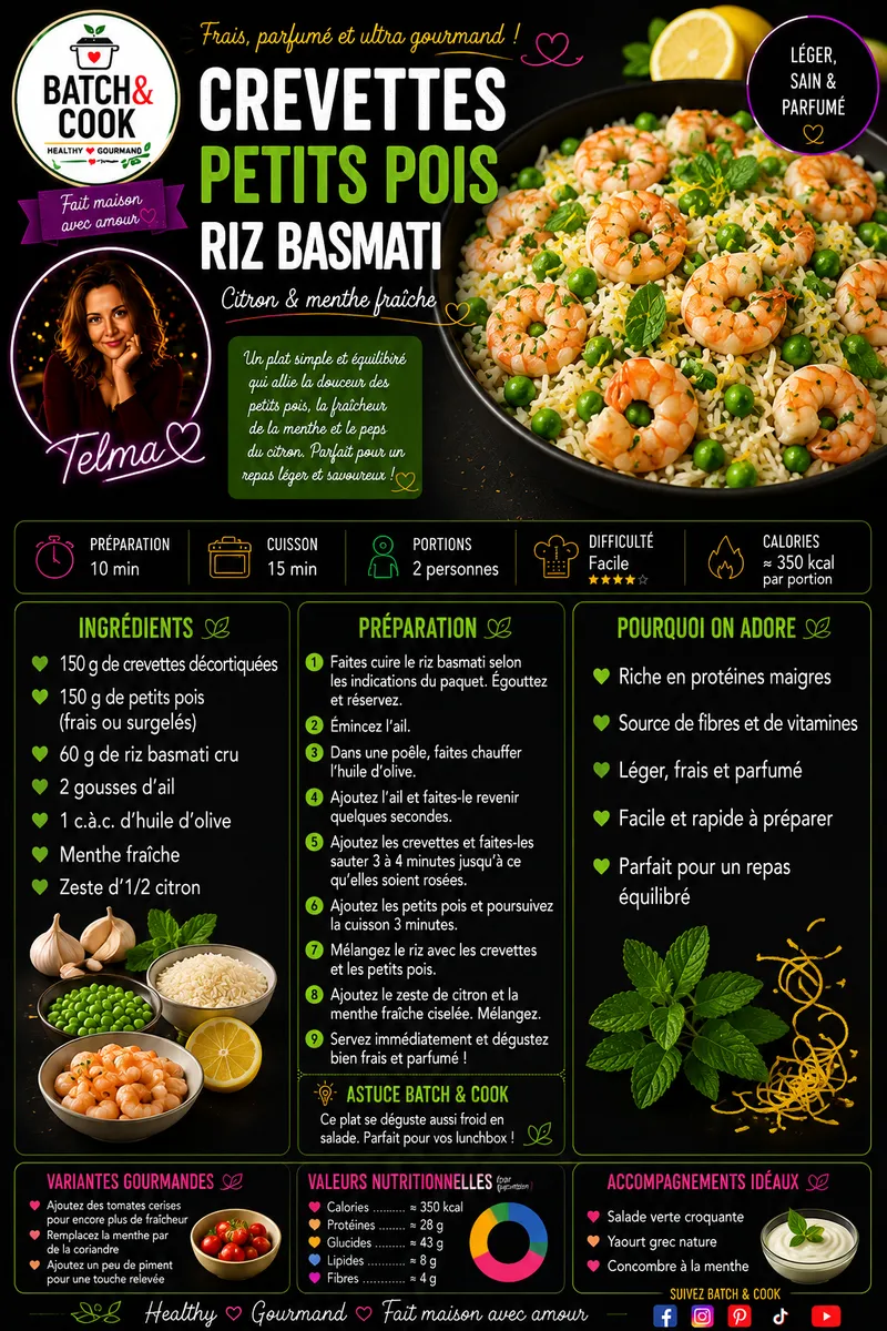 Fiche recette Crevettes, petits pois & riz basmati par Telma