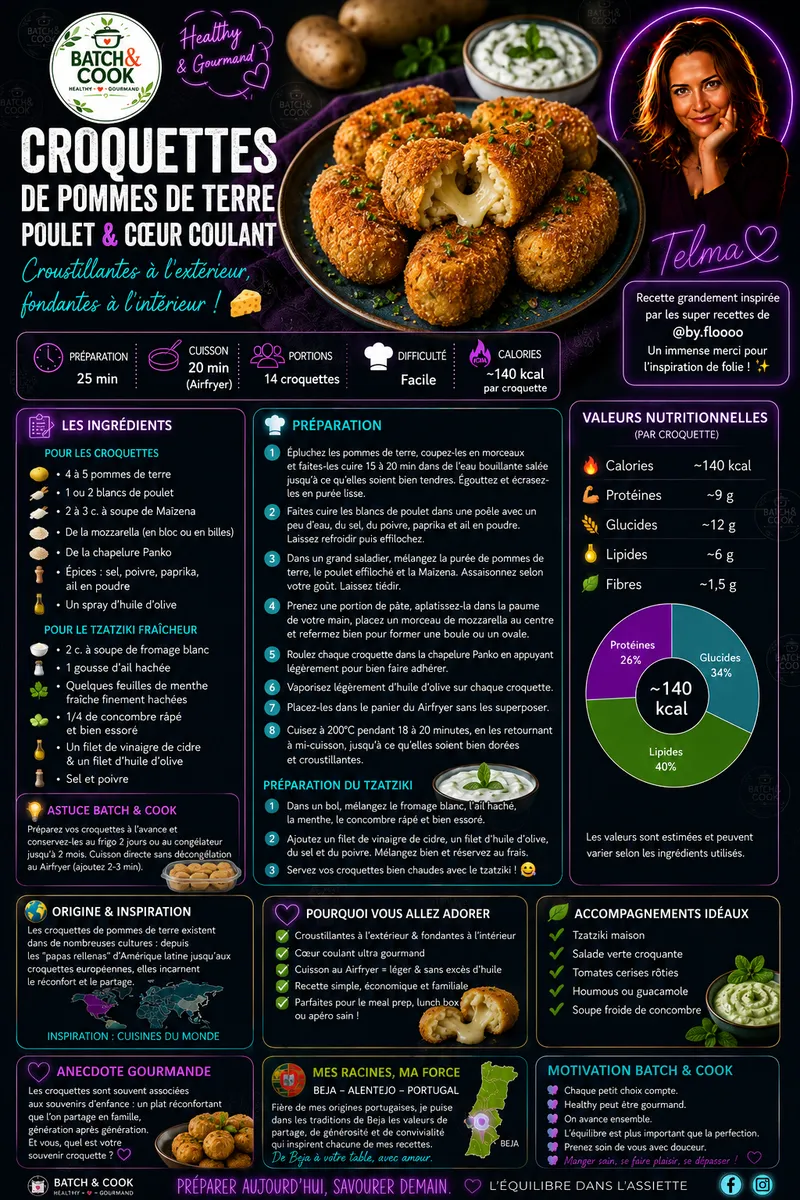 Fiche recette Croquettes de pommes de terre, poulet & coeur coulant par Telma