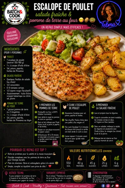Escalope de poulet, salade fraîche & pomme de terre au four