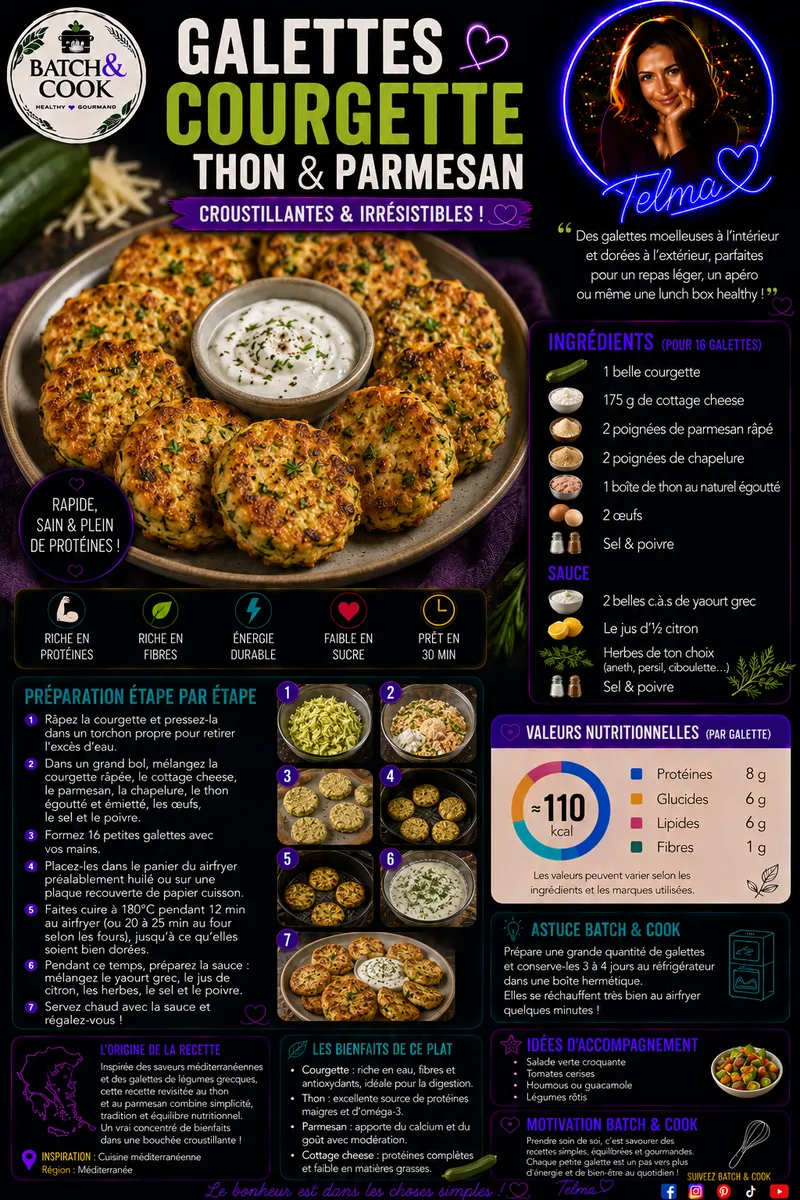 Fiche recette Galettes de courgette, thon & parmesan par Telma