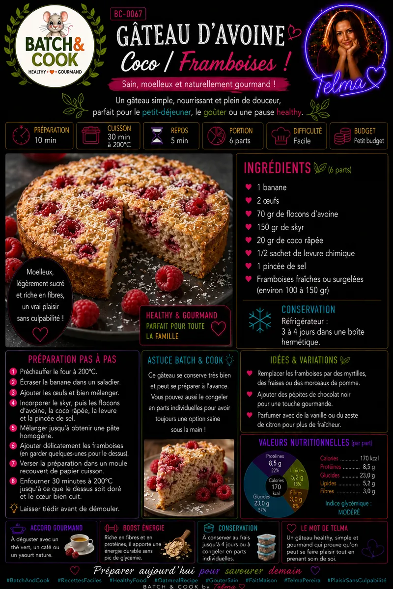 Fiche recette Gâteau d'avoine coco framboises ! par Telma