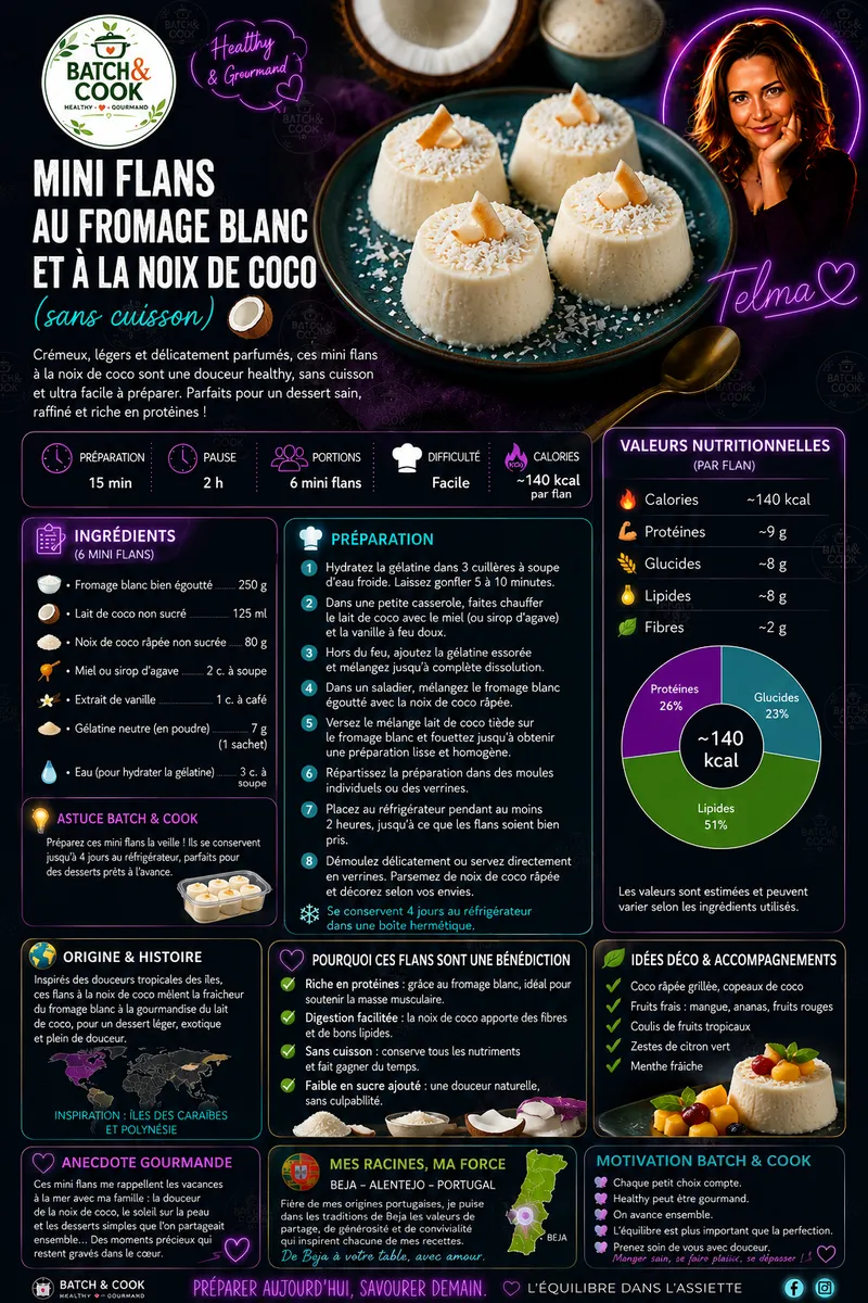 Fiche recette Mini Flans au Fromage Blanc et à la Noix de Coco (sans cuisson) par Telma