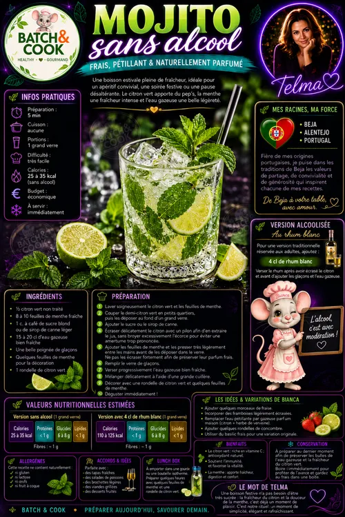 Mojito sans alcool frais et pétillant