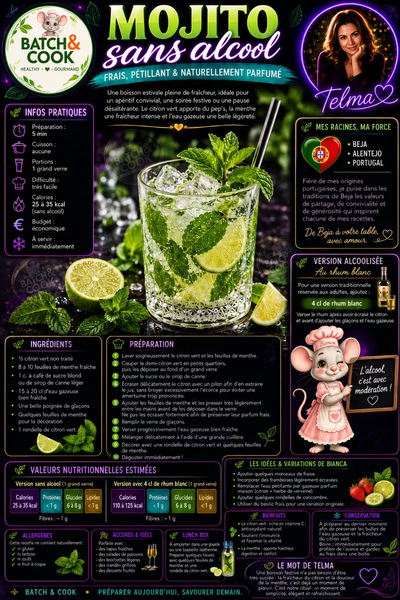 Fiche recette Mojito sans alcool frais et pétillant par Telma