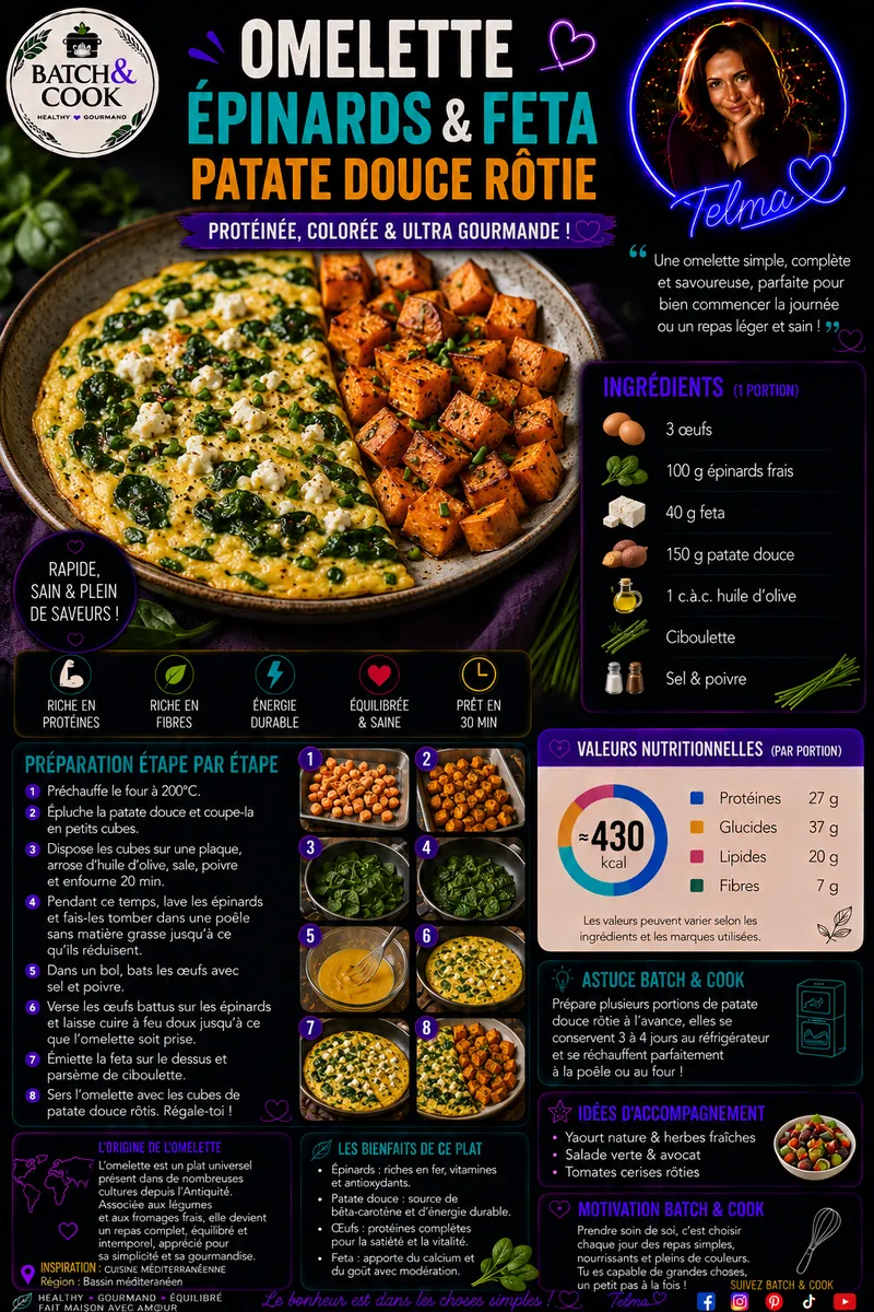 Fiche recette Omelette épinards & feta, patate douce rôtie par Telma