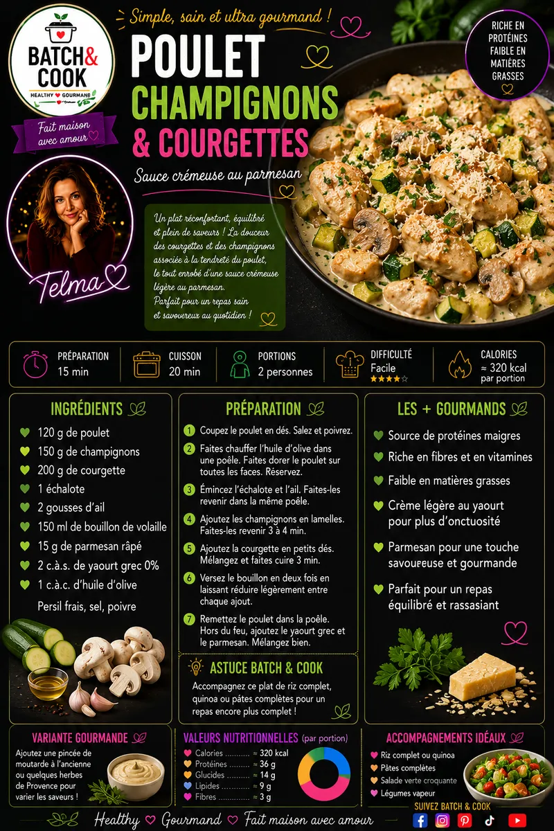 Fiche recette Poulet, champignons & courgettes par Telma