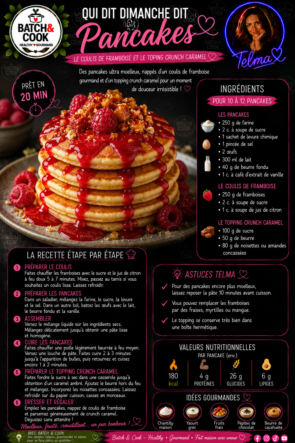 Pancakes au Coulis de Framboise et Topping Crunch Caramel