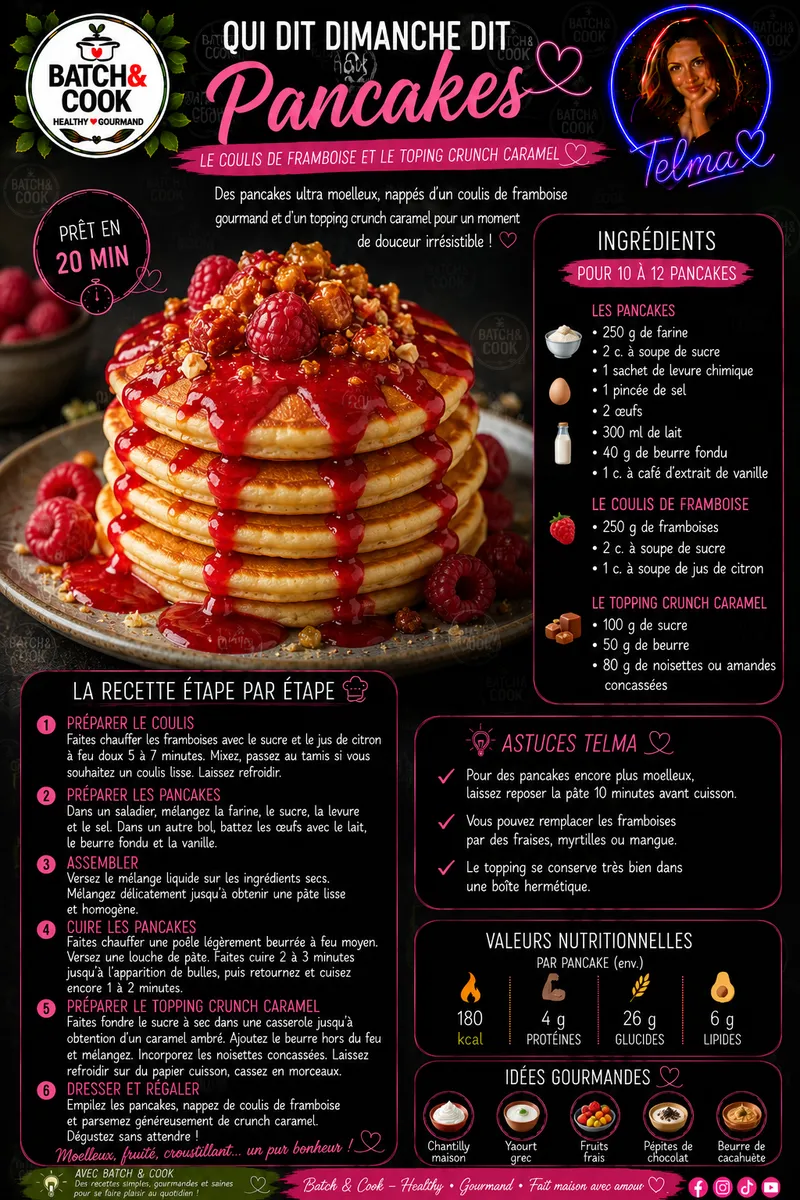 Fiche recette Pancakes au Coulis de Framboise et Topping Crunch Caramel par Telma