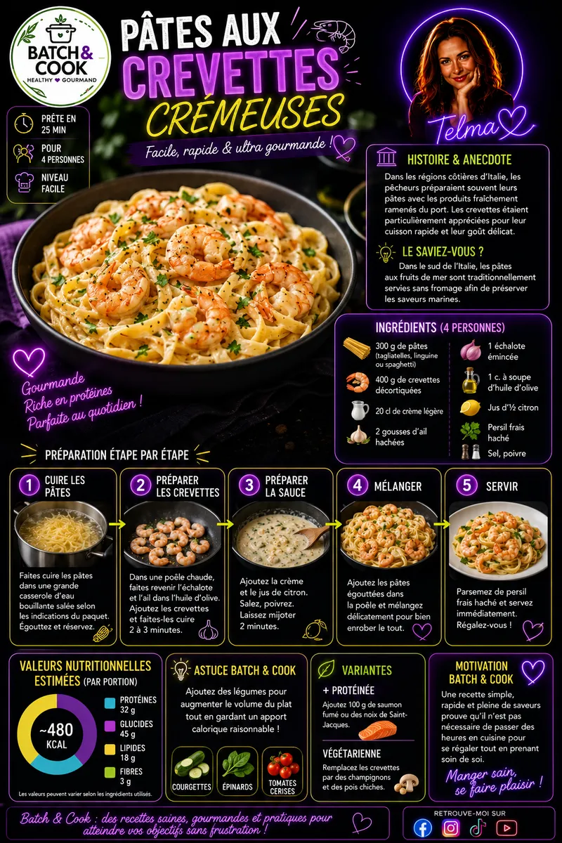 Fiche recette Pâtes aux crevettes crémeuses par Telma