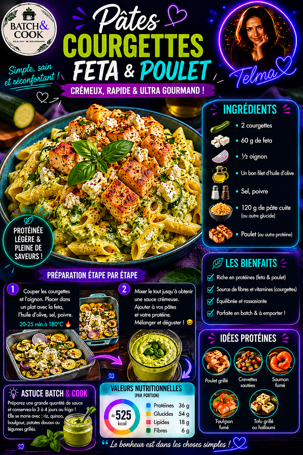 Pâtes courgettes feta & poulet