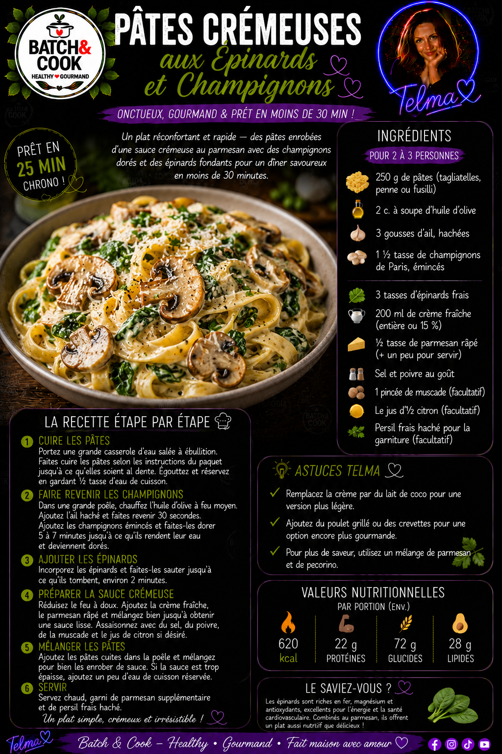Pâtes crémeuses aux épinards et champignons