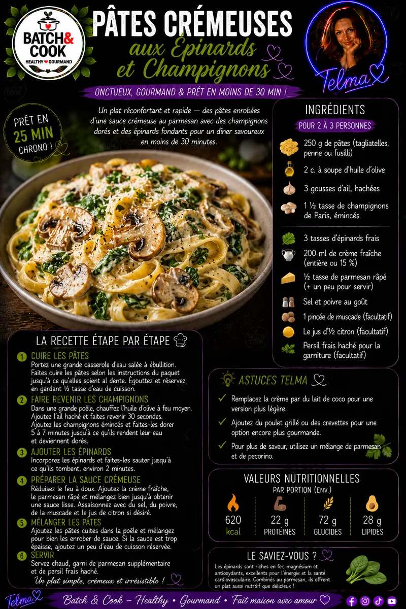 Fiche recette Pâtes crémeuses aux épinards et champignons par Telma