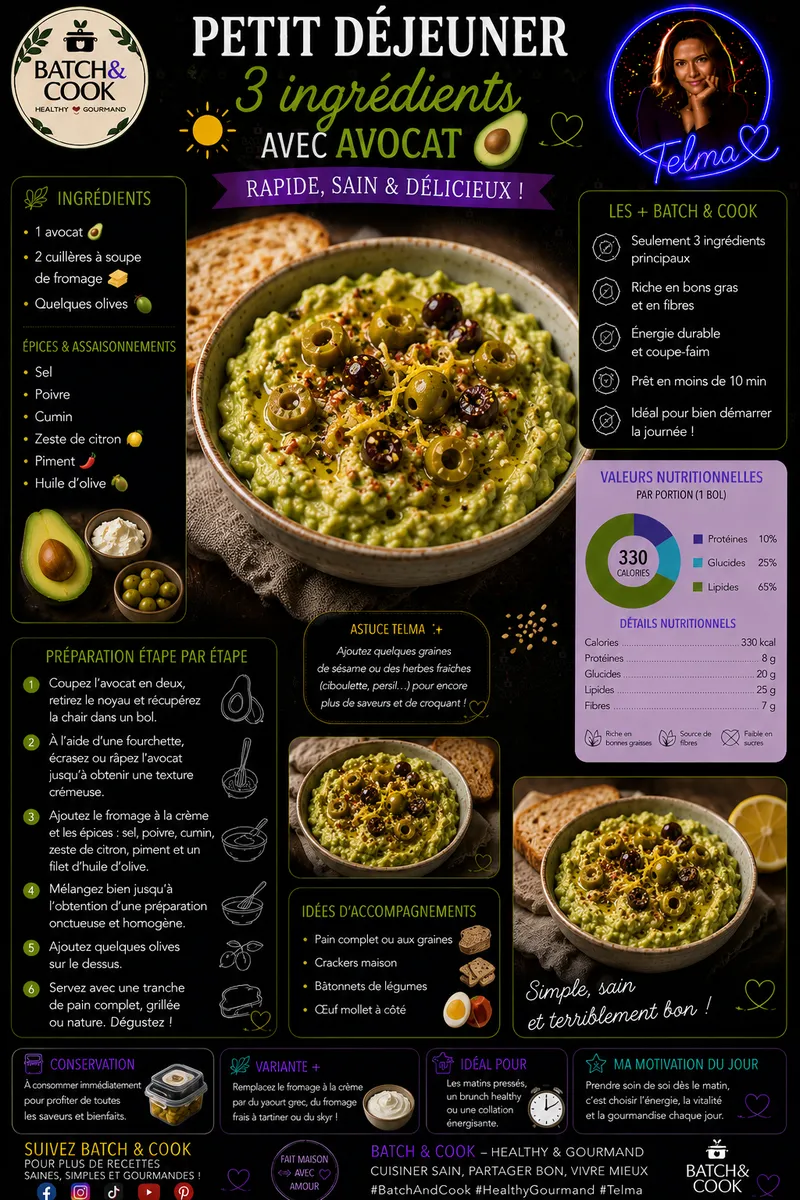 Fiche recette Petit Déjeuner : 3 ingrédients avec avocat par Telma
