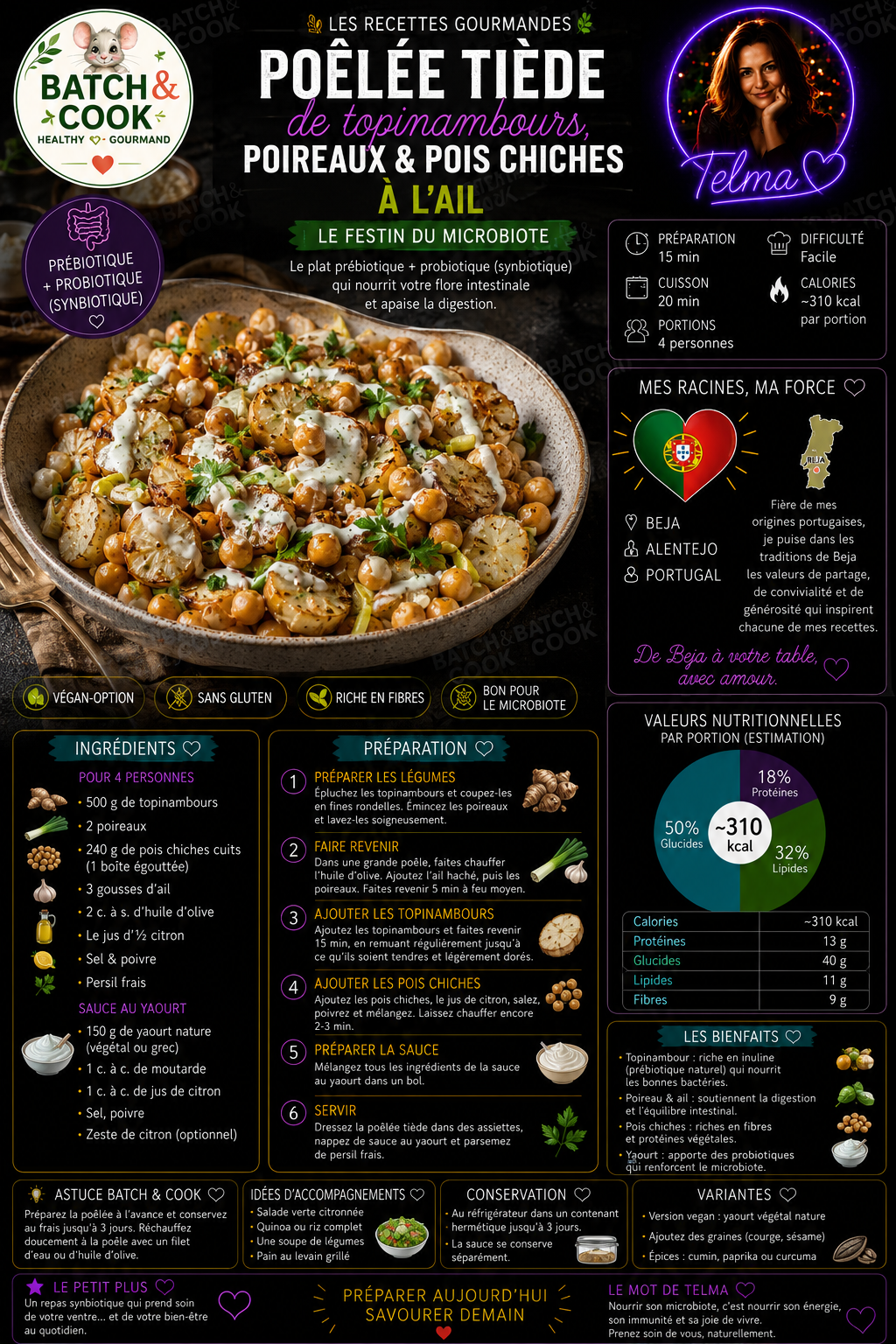 Poêlée tiède de topinambours, poireaux & pois chiches à l'ail