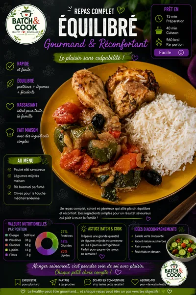 Poulet rôti savoureux, légumes mijotés et riz basmati parfumé