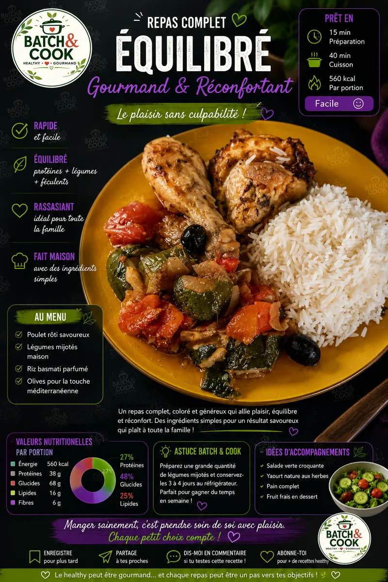 Fiche recette Poulet rôti savoureux, légumes mijotés et riz basmati parfumé par Telma