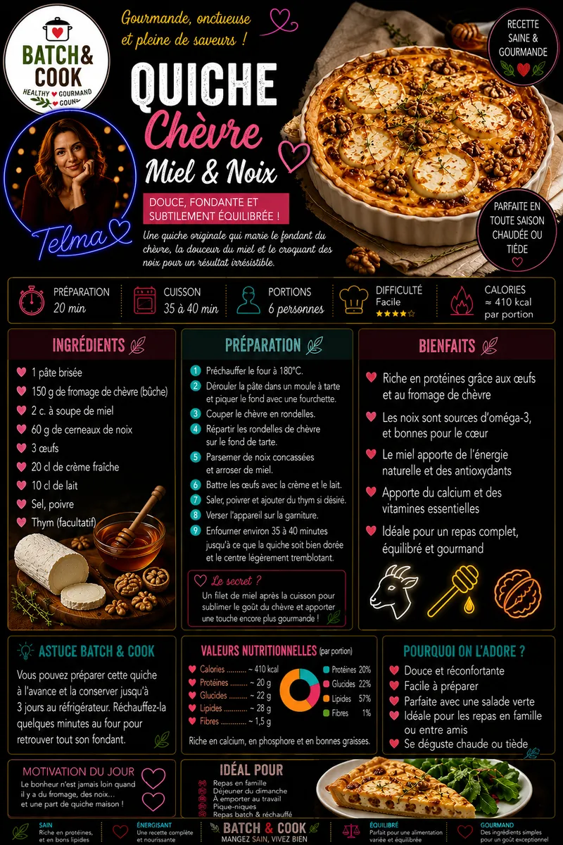 Fiche recette Quiche Chèvre, Miel & Noix par Telma