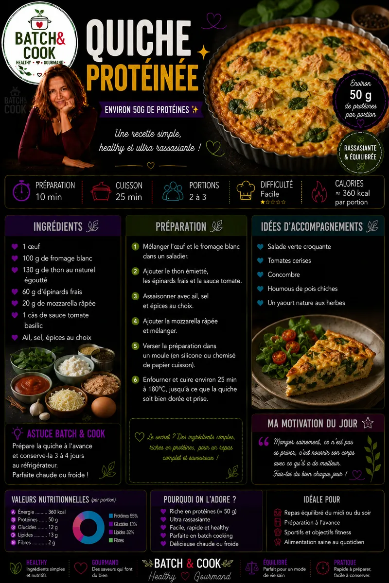 Fiche recette Quiche protéinée au thon et épinards par Telma