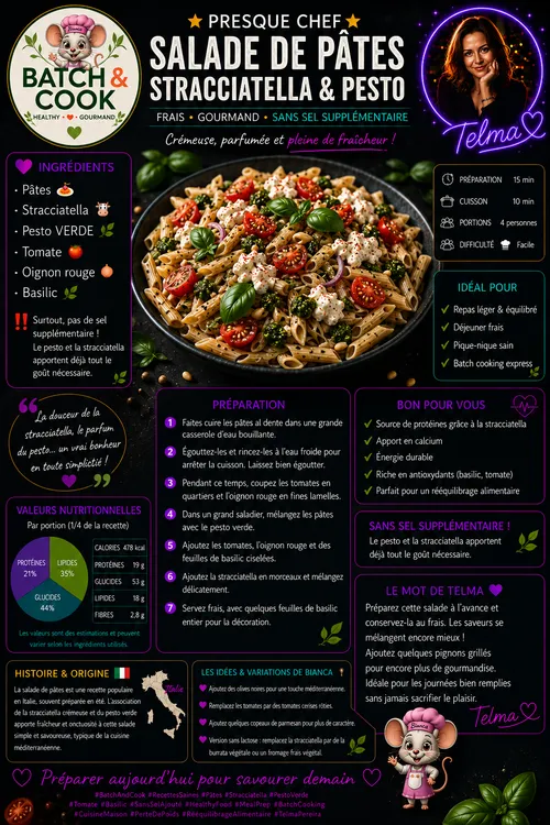 Salade de pâtes stracciatella et pesto